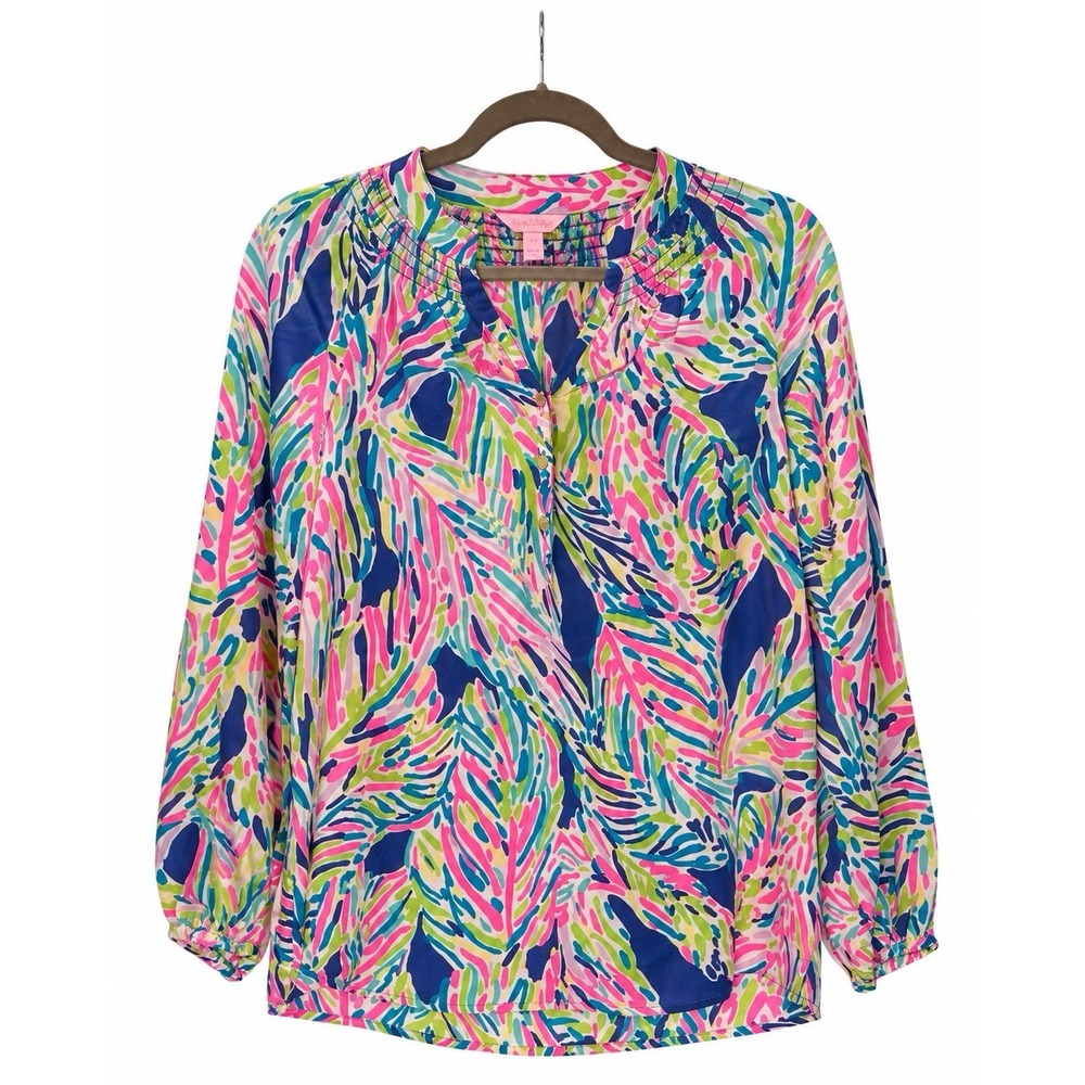 Lilly Pulitzer Elsa Blouse XS Indigo Palm Reader Pink Blue Green Silk Blouse